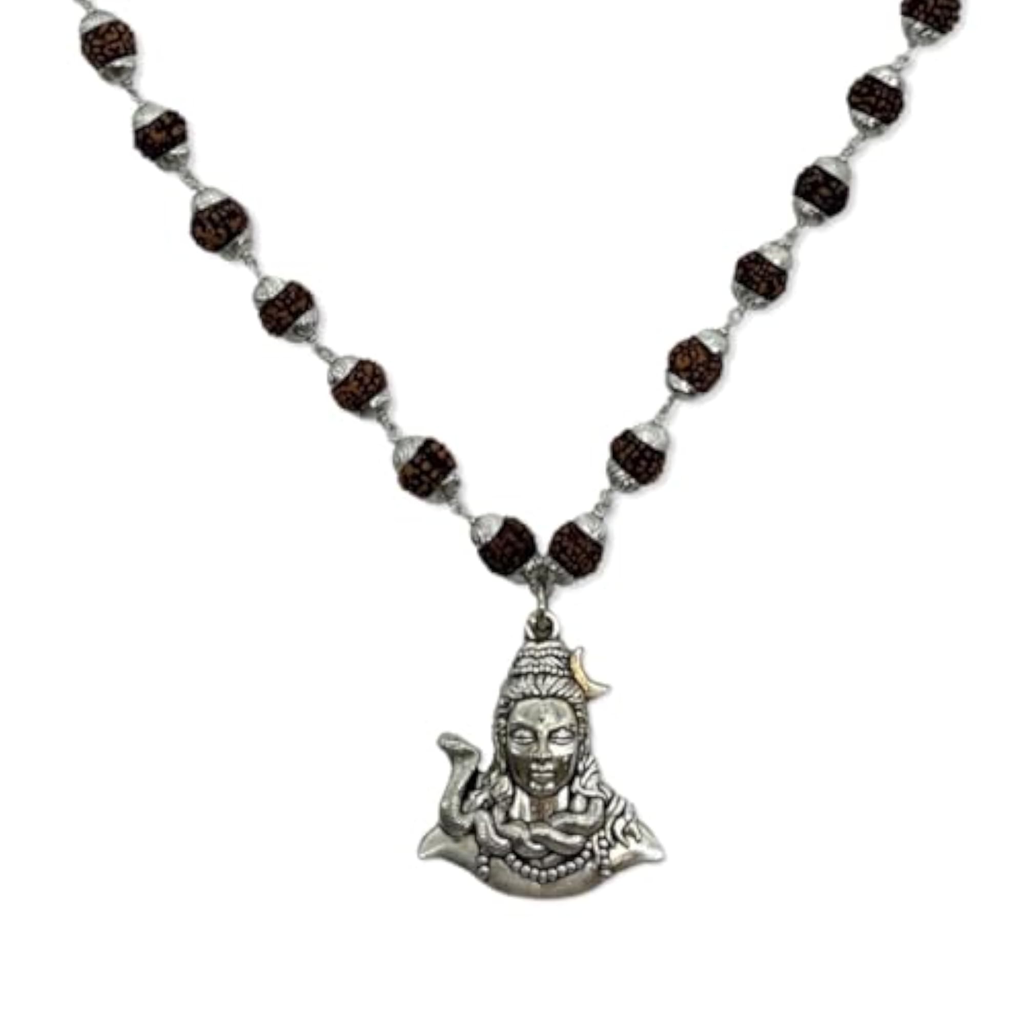 Lord Shiva Pendant Rudraksha Mala Necklace, Silver Plated